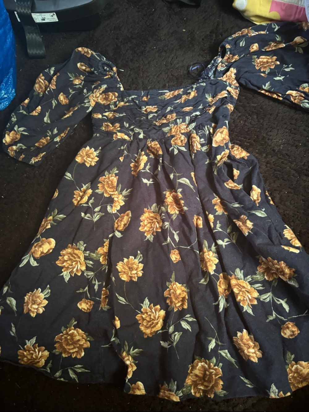 Abercrombie & Fitch Navy Mini Dress with Mustard Floral Print Linen/cotton